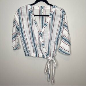 Girl Crazy Striped Wrap Tie Front‎ Cropped Blouse Top Womens Size S
